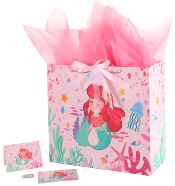 Pink Mermaid Gift Bag with Tissue Paper and Greeting Card
