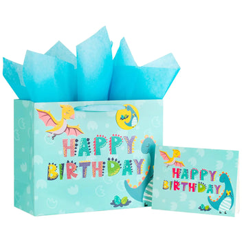 Dinosaur Birthday Gift Bag with Tissue Paper and Card