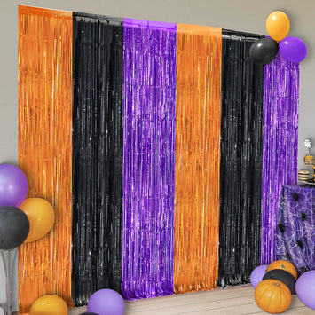 Orange Black and Purple Foil Fringe Curtain