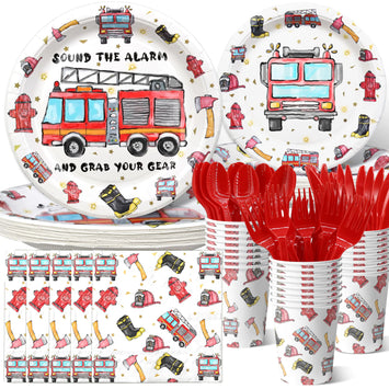 140 Pcs Firetruck Tableware