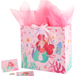 Pink Mermaid Gift Bag with Tissue Paper and Greeting Card