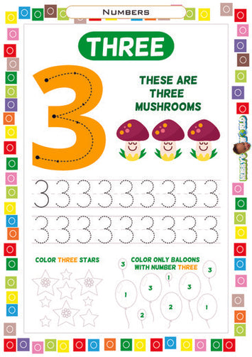 Number 3 Trace and Color - FREE Worksheet