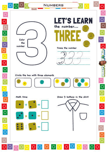 Number 3 Trace, Identify, Solve and Draw - FREE Worksheet