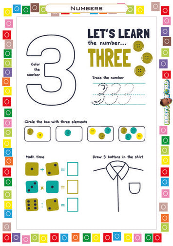 Number 3 Trace, Identify, Solve and Draw - FREE Worksheet