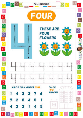 Number 4 Trace, Identify, and Color - FREE Worksheet