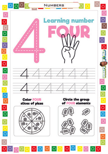 Number 4 Trace, Color and Identify - FREE Worksheet