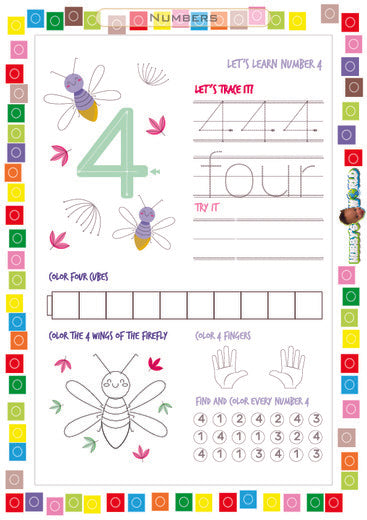 Number 4 Trace, Color and Find - Free Worksheet