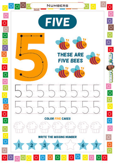 Number 5 Trace, Color and Write - Free Worksheet
