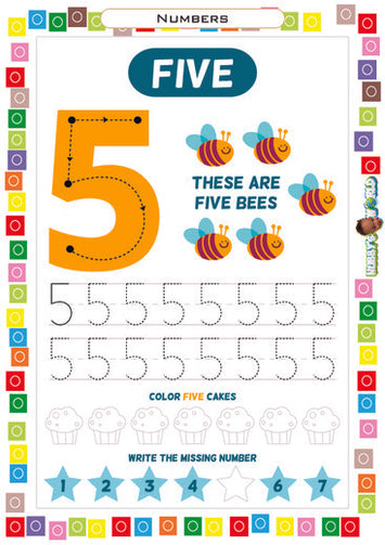 Number 5 Trace, Color and Write - Free Worksheet