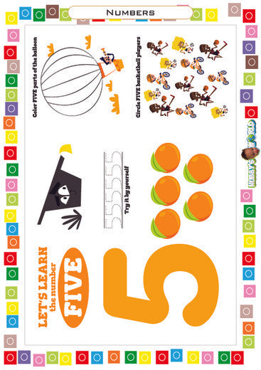 Number 5 Trace, Color and Count - FREE Worksheet