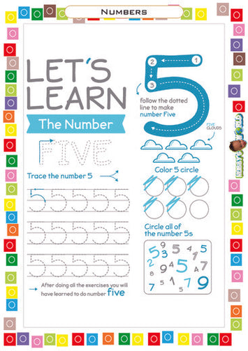Number 5 Trace, Color and Identify - FREE Worksheet