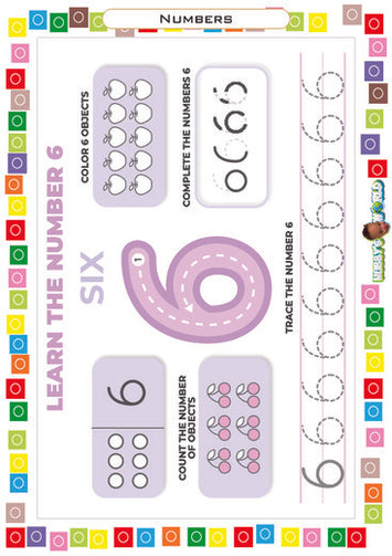 Number 6 Count, Color and Trace - FREE Worksheet