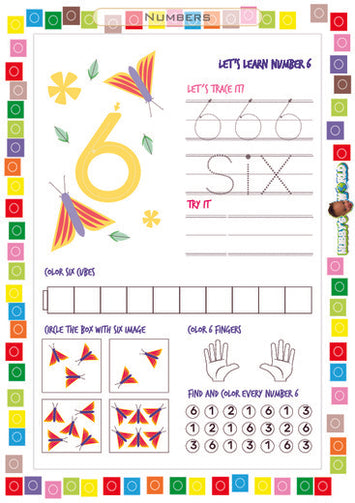 Number 6 Trace, Color, Identify, Count - FREE Worksheet