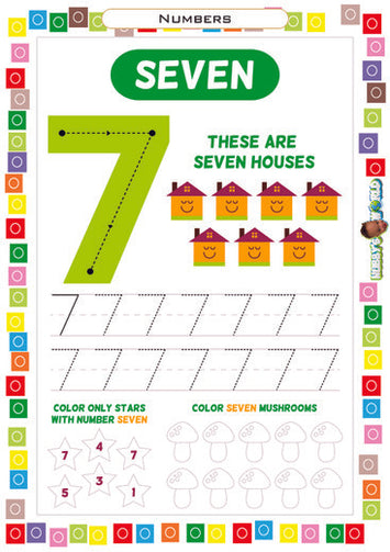 Number 7 Count, Trace and Color - FREE Worksheet