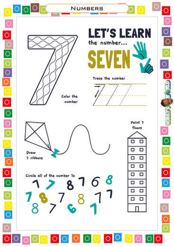 Number 7 Trace, Draw, Identify, Color - FREE Worksheets
