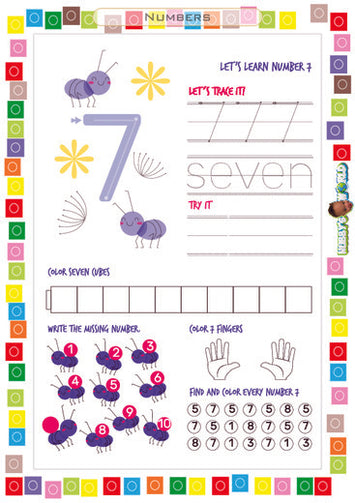 Number 7 Trace, Color, and Write - FREE Worksheet
