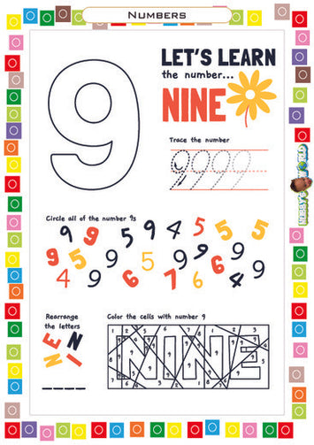 Number 9 Trace, Find, Rearrange and Color - FREE Worksheet