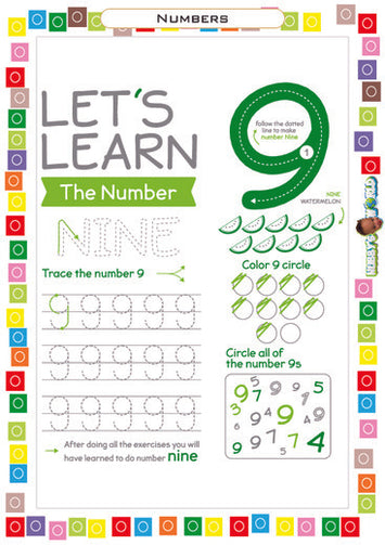 Number 9 Trace, Color and Identify - FREE Worksheet