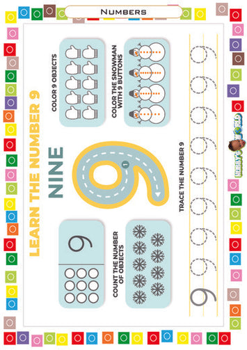 Number 9 Count, Trace and Color - FREE Worksheet
