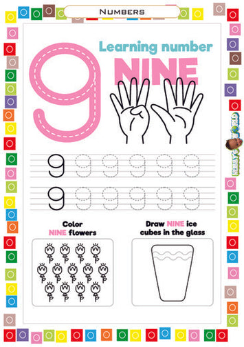 Number 9 Trace, Color and Draw - FREE Worksheet