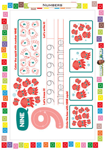 Number 9 Color, Trace and Identify - FREE Worksheet