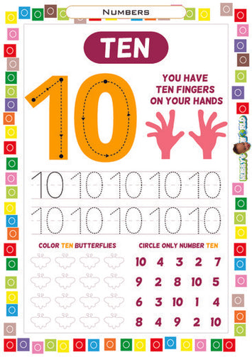 Number 10 Trace, Color and Identify - FREE Worksheet