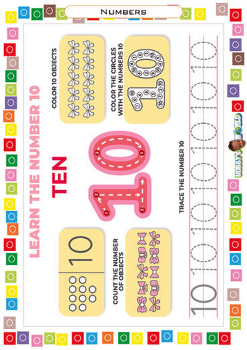 Number 10 Count, Color and Trace - FREE Worksheet