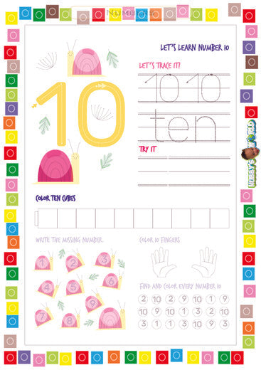Number 10 Trace, Color, Count, and Find - FREE Worksheet