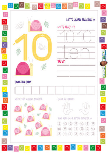 Number 10 Trace, Color, Count, and Find - FREE Worksheet