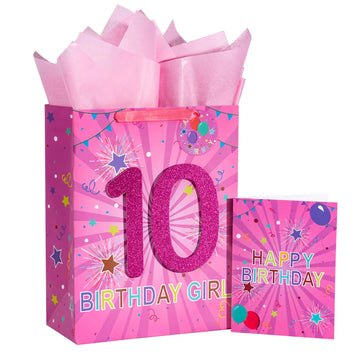 10th Birthday Pink Gift Bag with Tissue Paper and Card