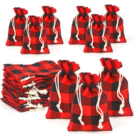 24PCS Christmas Plaid Drawstring Bags