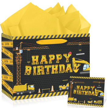 Construction Birthday Gift Bag with Tissue Paper and Card