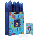 13" Large Blue Gift Bag Set with Greeting Card and Tissue Paper