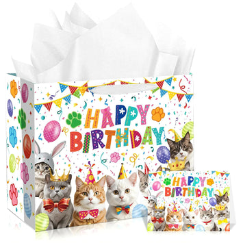 Cat-Themed Birthday Gift Bag, Card & Tissue Paper