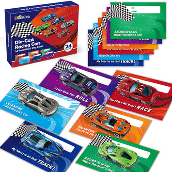 24 Pack Valentine Race Car Cards with Metal Die-Cast Racing Cars