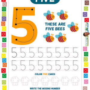 Number 5 Trace, Color and Write - Free Worksheet