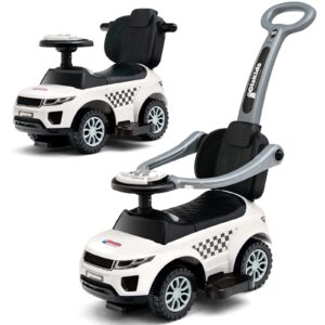 OLAKIDS 4 in 1 Ride on Push Car Toddlers Stroller Sliding Walking Toy with Horn Music Lights Removable Guardrails Handle Underneath Storage Foot-to-Floor Walker for Boys Girls (Ivory White)