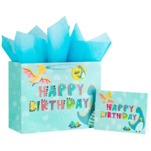 Dinosaur Birthday Gift Bag with Tissue Paper and Card